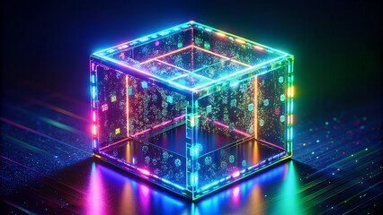 Abstract Neon Cube with Digital Data Stream Futuristic Technology Concept