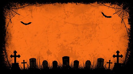 A halloween background with tombstones bats and spiderwebs against an orange textured gradient backdrop