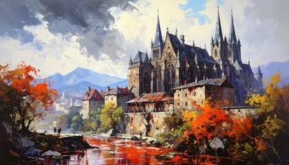 Obraz premium Timeless Elegance: A painting capturing a historical fortress, perched majestically alongside a tranquil river, with picturesque landscapes and vibrant autumn foliage