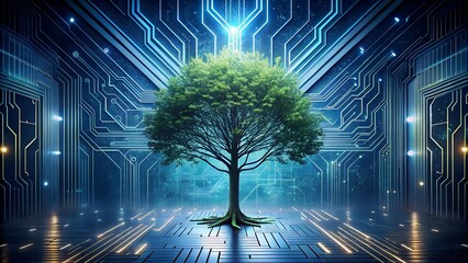 Green Tree Growing in a Digital Circuit Board Environment Representing Technology and Nature