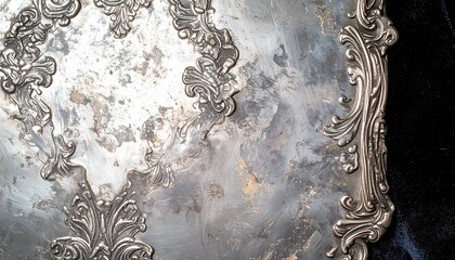 Ornate, aged silver tray with intricate floral and scrollwork patterns.