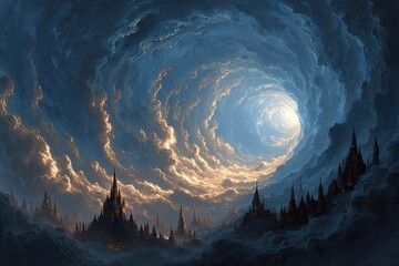 A swirling vortex of clouds over a dark, ancient city
