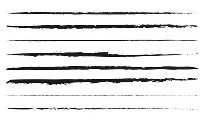 Charcoal pencil straight horizontal lines. Black hand drawn stripes, ink brush strokes. Scribble charcoal texture lines vector set. Grunge smears, thin and thick chalk strokes, pencil underline.