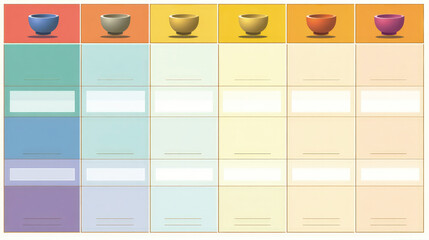 Colorful weekly meal planner template with bowls and writing spaces.