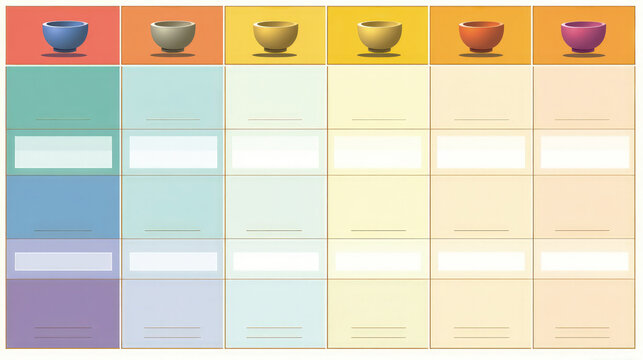 Colorful weekly meal planner template with bowls and writing spaces.