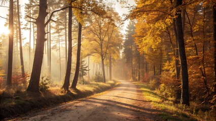 a sun drenched forest path in autumn tall slender