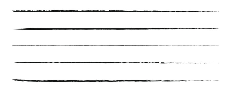 Charcoal pencil straight horizontal lines. Black hand drawn stripes, ink brush strokes. Scribble charcoal texture lines vector set. Grunge smears, thin and thick chalk strokes, pencil underline.