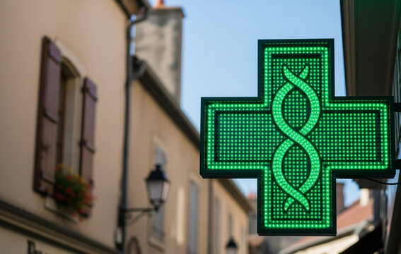  Croix verte lumineuse de pharmacie avec symbole d'hippocrate