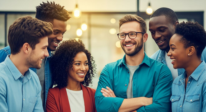 Smiling diverse group of young adults, showcasing unity and collaboration, ideal for teamwork or community concepts