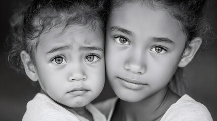 Two sad little sisters embracing each other in black and white