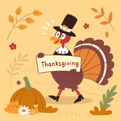 Thanksgiving. Pilgrim Turkey with Banner.vector illustration of coloring page black and white