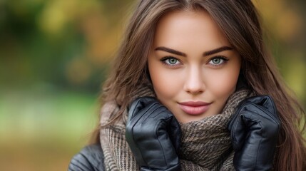 Beautiful fashion model posing with leather gloves and scarf in autumn park