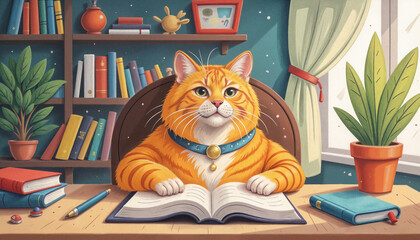 Cat studying a book in a cozy library setting