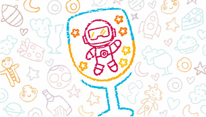 Astronaut in a wine glass surrounded by stars and food doodles on a white background drawing style silhouette