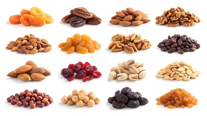Obraz premium Assortment of Dried Fruits and Nuts Arranged in Rows on White Background healthy food