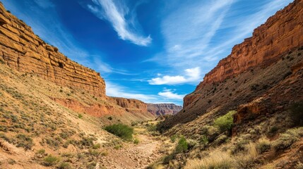 A stunning view of a rocky canyon with vibrant red cliffs and a clear blue sky, showcasing the beauty of natural landscapes.