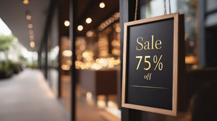 Elegant sale sign with 75% off in gold text hanging at boutique storefront, promoting seasonal discount or retail promotion with blurred lights in background.
