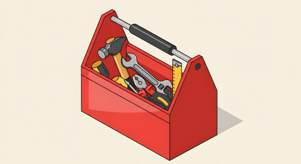 Red Toolbox Filled with Tools Isometric Cartoon Style