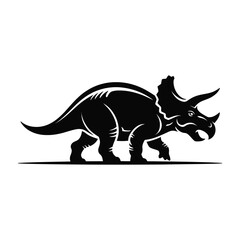 Triceratops Dinosaur Silhouette Illustration Black Vector Design Standing in Profile View with Horns and Frill Detailed and Mouth Open