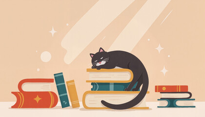 Black cat sleeping on stacked books