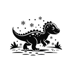 Cute Dinosaur Silhouette Illustration Vector Art in Black Depicting a Cartoon Character on a White Background with Snowflakes