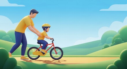 Father teaching his young son to ride a bicycle outdoors in a scenic, green landscape under a blue sky.