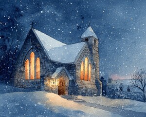Christmas Eve watercolor illustration Snowy church at night