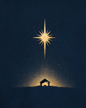 Minimalist golden Christmas star above clean manger silhouette illustration