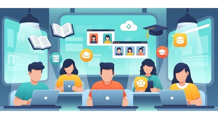Five people engaged in online learning and digital collaboration using laptops, surrounded by educational icons.