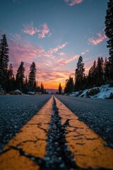 Road Leads to Winter Sunset Forest Adventure