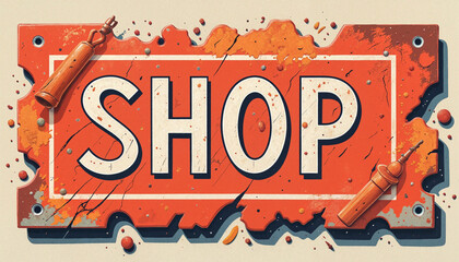 Vintage shop sign with decorative elements and texture
