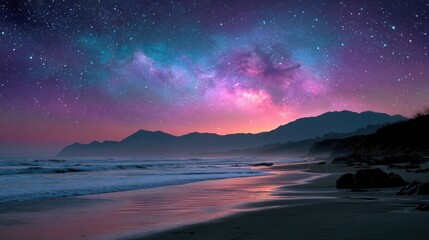 Beach Sparkles Under Colorful Milky Way Galaxy