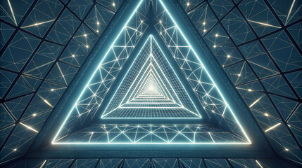 Infinite neon triangle tunnel with geometric patterns