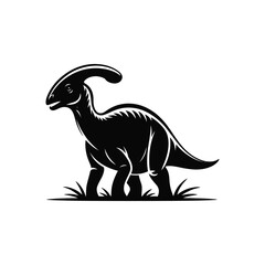 Parasaurolophus Silhouette Illustration Vector: Black Dinosaur with Grass on White Background, Prehistoric Creature in Nature