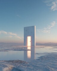 Snowy landscape with white door symbolizing fresh start concept