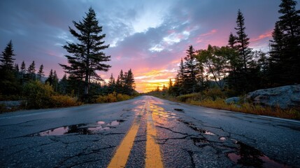 Driving Scenic Road During Sunrise Asphalt Perspective