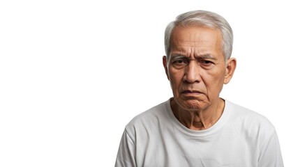 Fototapeta premium A sternfaced older man with gray hair and a white shirt stares intently at the viewer