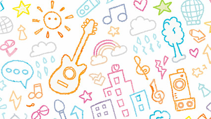 Colorful crayon style drawing featuring a guitar, sun, buildings, and other whimsical elements on white silhouette