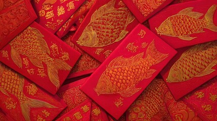 Festive gouache painting of red envelopes with gold designs