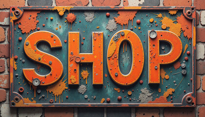 Shop sign with colorful paint splatters on textured wall