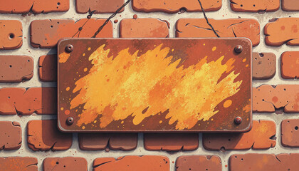 Rustic signboard with orange paint splashes on brick wall
