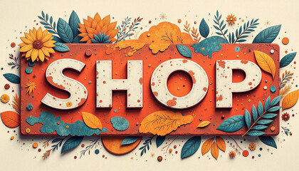 Shop sign surrounded by flowers and leaves in vibrant colors