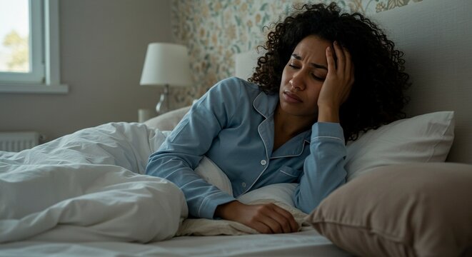 A woman in blue pajamas lies in bed eyes closed hand to head appearing unwell or distressed
