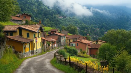 A picturesque village nestled in lush green hills, featuring colorful houses and a winding road, surrounded by misty mountains.