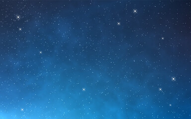 Starry night sky. Glowing stars on deep blue space background. Bright magic universe. Stardust cosmos texture. Outer space with constellations. Vector Illustration.