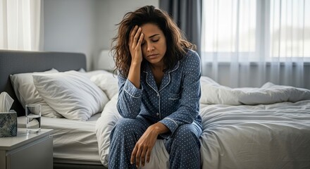 A woman in pajamas sits on a bed with her hand on her forehead looking distressed