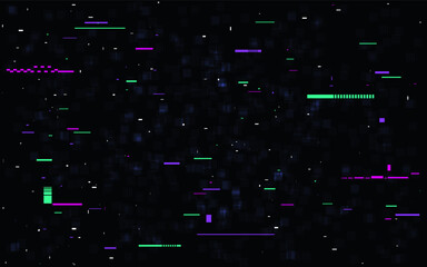 Glitch distortion background. Vibrant neon lines and data error effect on dark screen. Tech, cyberpunk or digital theme template. Futuristic overlay noise. Vector Illustration.