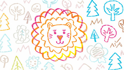 Illustration of a lion head with colorful mane surrounded by trees and floral doodles on white background silhouette