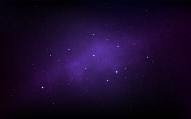 Universe background. Purple space with glowing stars and cosmic nebula. Deep cosmos texture. Milky Way with stardust effect. Starry violet nebula. Vector Illustration.