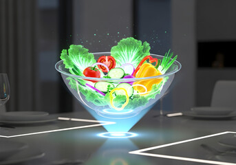 Futuristic holographic salad display on modern dining table ignites healthy eating inspiration and culinary innovation for a vibrant lifestyle.